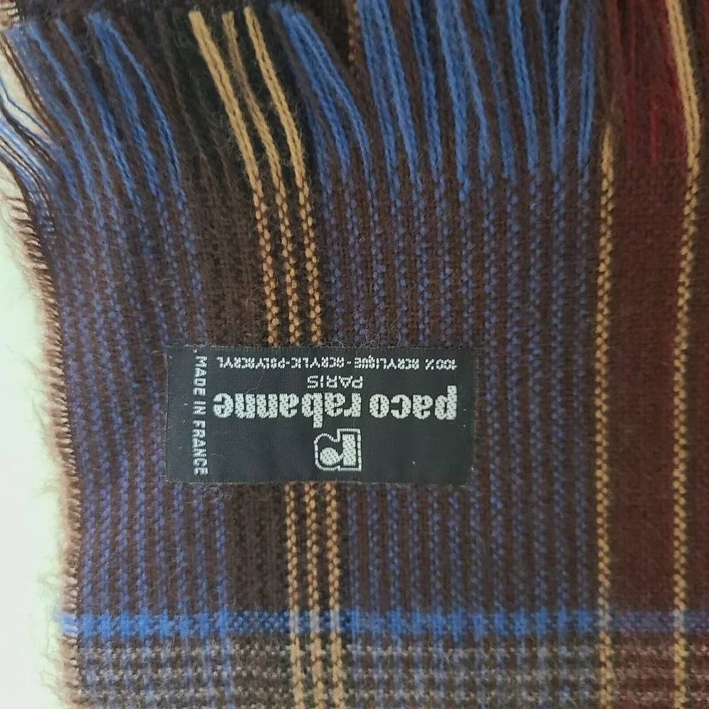PACO RABANNE scarf FRANCE Plaid brown/ blue/ tan Acrylic unisex 54